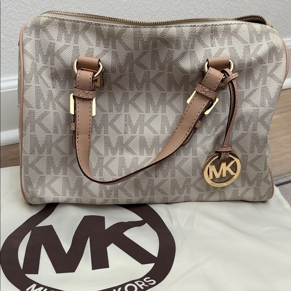 Michael Kors Monogram Cream and Taupe Satchel